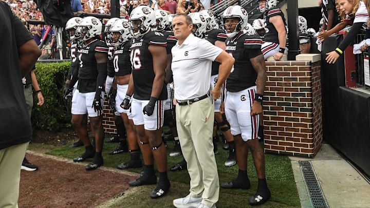 South Carolina Head Coach Shane Beamer and players ready to run on the field before playing Louisiana State University, during pregame at Williams-Brice Stadium in Columbia, S.C. Saturday, September 14, 2024.
