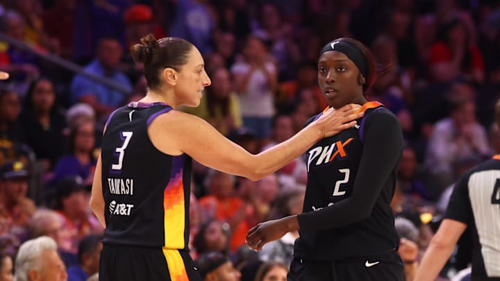 Jun 30, 2024; Phoenix, Arizona, USA; Phoenix Mercury guard Diana Taurasi (3) celebrates with guard Kahleah Copper (2) against the Indiana Fever at Footprint Center. Mandatory Credit: Mark J. Rebilas-Imagn Images