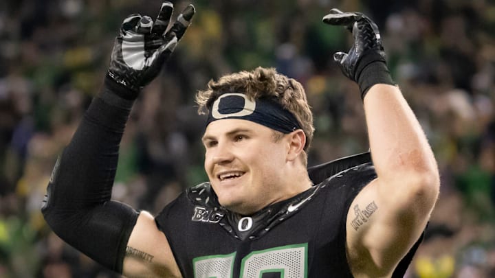 Oregon inside linebacker Bryce Boettcher dances around the field to “Shout” as the No. 1 Oregon Ducks host the rival Washington Huskies Saturday, Nov. 30, 2024 at Autzen Stadium in Eugene, Ore.