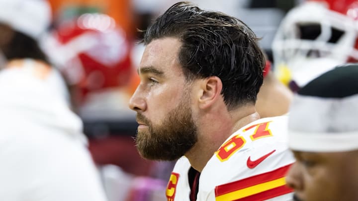 Feb 9, 2025; New Orleans, LA, USA; Kansas City Chiefs tight end Travis Kelce (87) reacts on the bench in the fourth quarter against the Philadelphia Eagles in Super Bowl LIX at Ceasars Superdome. Mandatory Credit: Mark J. Rebilas-Imagn Images Feb 9, 2025; New Orleans, LA, USA; Kansas City Chiefs tight end Travis Kelce (87) reacts on the bench in the fourth quarter against the Philadelphia Eagles in Super Bowl LIX at Ceasars Superdome. Mandatory Credit: Mark J. Rebilas-Imagn Images
