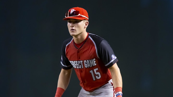 Aug 28, 2022; Phoenix, Arizona, US; West infielder Kevin McGonigle (15) during the Perfect Game All-American Classic high school baseball game at Chase Field.