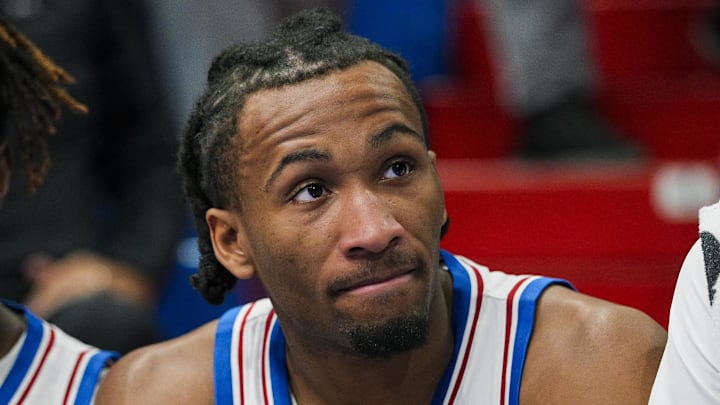 Nov 3, 2025; Lawrence, Kansas, USA; Kansas Jayhawks guard Darryn Peterson (22) reacts during the second half against the Green Bay Phoenix at Allen Fieldhouse. 