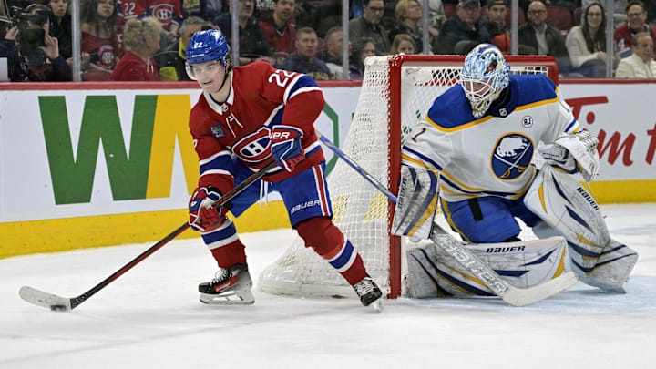 Feb 21, 2024; Montreal, Quebec, CAN; Montreal Canadiens forward Cole Caufield (22) plays the puck