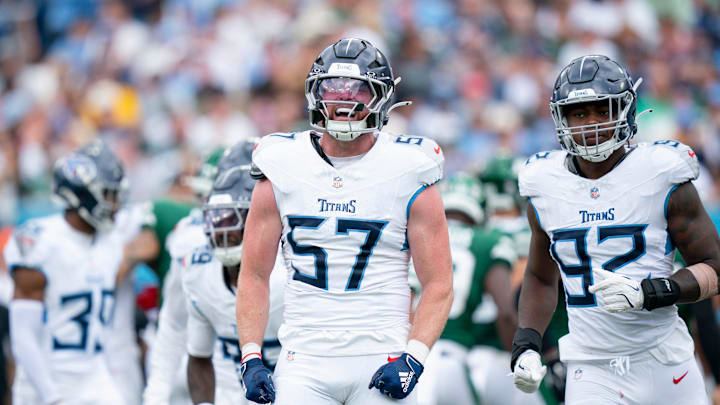 Tennessee Titans linebacker Luke Gifford (57) celebrates a stop on special teams against the New York Jets during their game at Nissan Stadium in Nashville, Tenn., Sunday, Sept. 15, 2024.