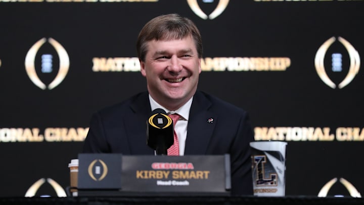 Jan 7, 2018; Atlanta, GA, USA; Georgia Bulldogs head coach Kirby Smart smiles while answering questions during a press conference at the Sheraton Atlanta. Mandatory Credit: Matthew Emmons-Imagn Images