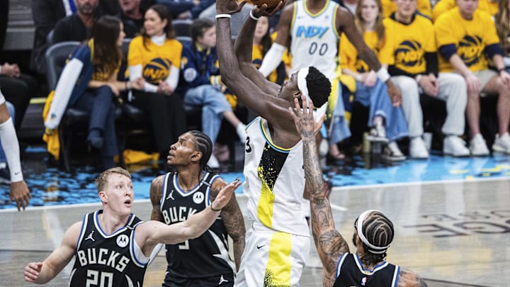 Apr 19, 2025; Indianapolis, Indiana, USA;  Indiana Pacers forward Pascal Siakam (43) shoots the ball while Milwaukee Bucks guard AJ Green (20) defends in the second half at Gainbridge Fieldhouse. Mandatory Credit: Trevor Ruszkowski-Imagn Images