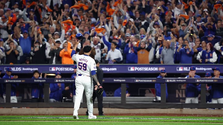 Oct 8, 2024; New York City, New York, USA; New York Mets pitcher Sean Manaea (59) reacts after being relieved in the eighth inning against the Philadelphia Phillies during game three of the NLDS for the 2024 MLB Playoffs at Citi Field. Mandatory Credit: Vincent Carchietta-Imagn Images