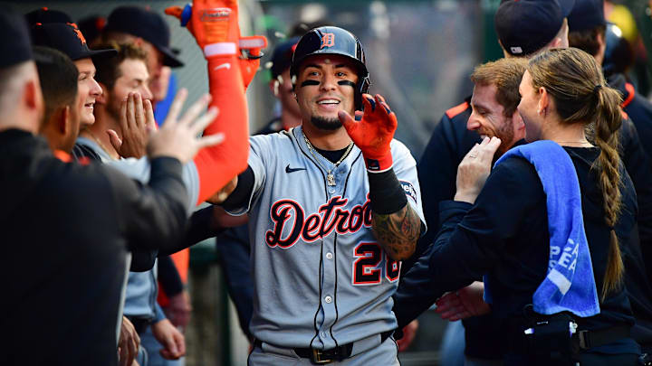 May 1, 2025; Anaheim, California, USA; Detroit Tigers center fielder Javier Baez (28) is greeted after hitting a solo home run against the Los Angeles Angels during the third inning at Angel Stadium. Mandatory Credit: Gary A. Vasquez-Imagn Images