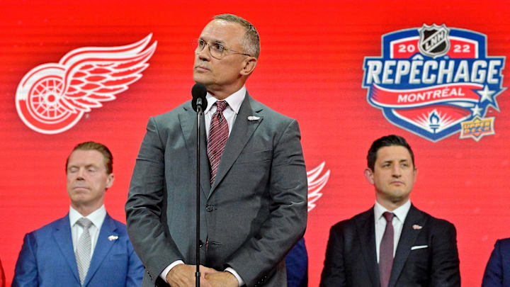Jul 7, 2022; Montreal, Quebec, CANADA; Detroit Red Wings general manager Steve Yzerman announces Marco Kasper (not pictured) as the number eight overall pick to the Detroit Red Wings in the first round of the 2022 NHL Draft at Bell Centre. Mandatory Credit: Eric Bolte-Imagn Images