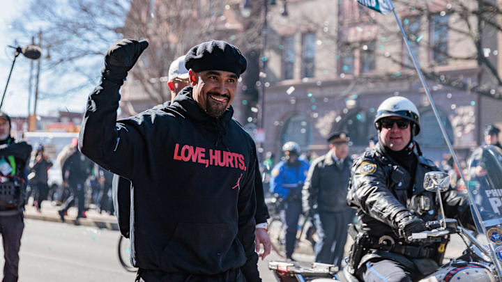 Philadelphia Eagles quarterback Jalen Hurts during the Super Bowl LIX parade on Feb 14, 2025.