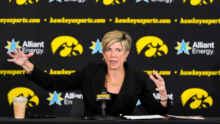 Iowa head coach Jan Jensen fields questions from journalists during the Iowa women’s basketball media day Oct. 14, 2025 at Carver-Hawkeye Arena in Iowa City, Iowa.