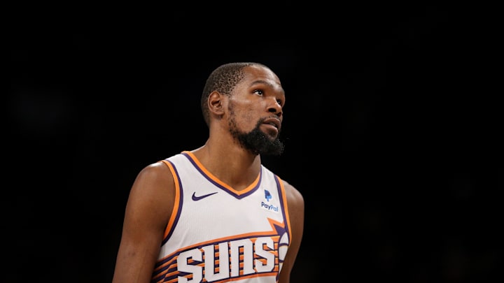 Jan 31, 2024; Brooklyn, New York, USA; Phoenix Suns forward Kevin Durant (35) reacts during the fourth quarter against the Brooklyn Nets at Barclays Center. Mandatory Credit: Brad Penner-Imagn Images