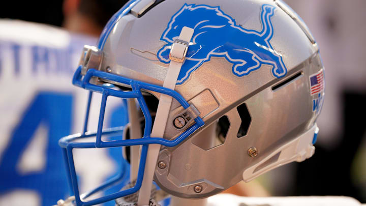 A general view of a Detroit Lions helmet. A general view of a Detroit Lions helmet.