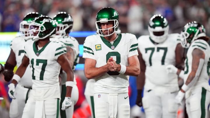 New York Jets QB Aaron Rodgers during the 2023 season opener. New York Jets QB Aaron Rodgers during the 2023 season opener.