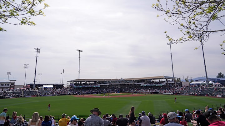 Mar 5, 2023; Surprise, Arizona, USA; A general view of game action between the Texas Rangers and the