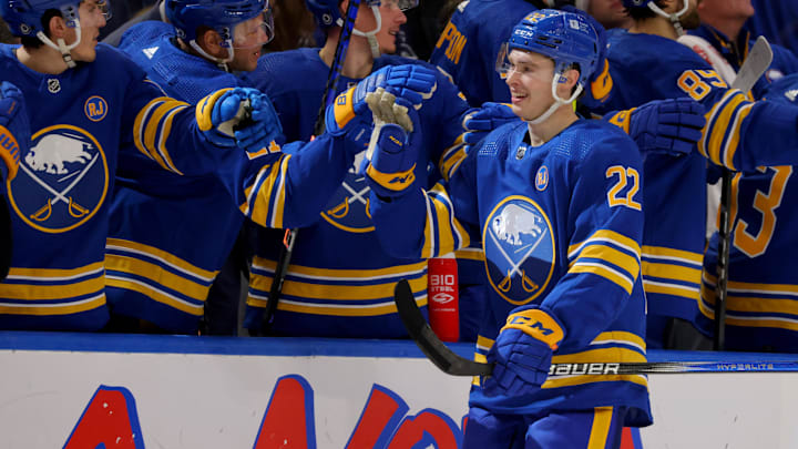 Dec 21, 2023; Buffalo, New York, USA;  Buffalo Sabres right wing Jack Quinn (22) celebrates his goal