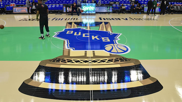 Nov 3, 2023; Milwaukee, Wisconsin, USA; Logo for the NBA In-Season Tournament for game between the Milwaukee Bucks and New York Knicks at Fiserv Forum. Mandatory Credit: Benny Sieu-Imagn Images