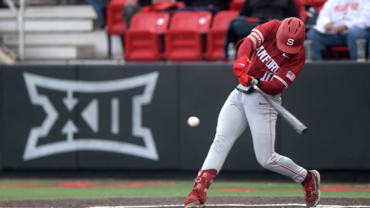 Stanford's catcher Malcolm Moore (10) prepares to hit the ball against Texas Tech in game one of their non-conference baseball series, Monday, April 1, 2024, at Rip Griffin Park.