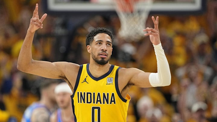 Jun 19, 2025; Indianapolis, Indiana, USA; Indiana Pacers guard Tyrese Haliburton (0) reacts after a play against the Oklahoma City Thunder during the first half of game six of the 2025 NBA Finals between the Oklahoma City Thunder and the Indiana Pacers at Gainbridge Fieldhouse. Mandatory Credit: Kyle Terada-Imagn Images