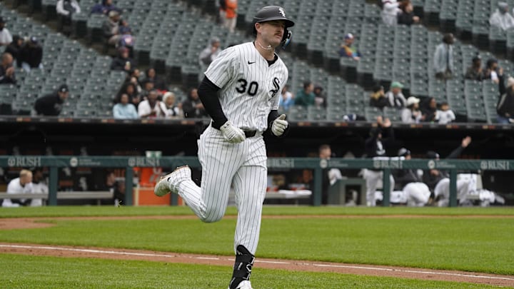 May 21, 2025; Chicago, Illinois, USA; Chicago White Sox first base Tim Elko (30) runs the bases after hitting a home run against the Seattle Mariners during the third inning at Rate Field. Mandatory Credit: David Banks-Imagn Images