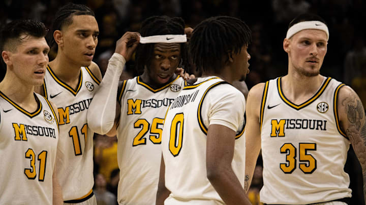 Feb 19, 2025; Columbia, Missouri, USA; Missouri Tigers players huddle in the second half of a game against the Alabama Crimson Tide at Mizzou Arena.
