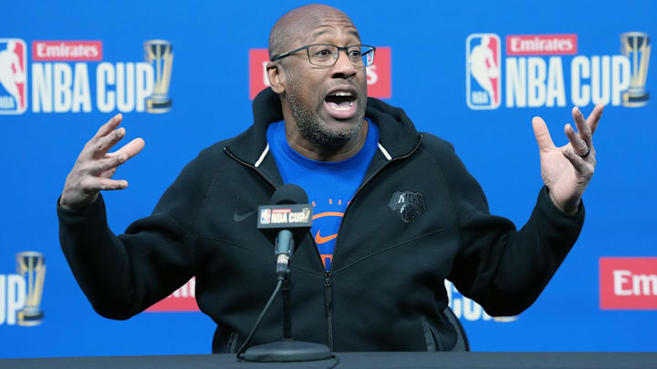 Dec 12, 2025; Las Vegas, NV, USA; New York Knicks head coach Mike Brown at press conference prior to the Emirates Cup semifinals at T-Mobile Arena. Mandatory Credit: Kirby Lee-Imagn Images Dec 12, 2025; Las Vegas, NV, USA; New York Knicks head coach Mike Brown at press conference prior to the Emirates Cup semifinals at T-Mobile Arena. Mandatory Credit: Kirby Lee-Imagn Images