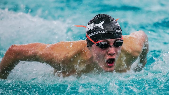 Brookfield Central/East co-op's Stuart Seymour competes in the 100-yard butterfly during the WIAA Division 1 boys state swimming and diving championships at Waukesha South, Saturday, Feb. 18, 2023. Seymour won the event with a time of 47.62.

D1 State Bswim 2634