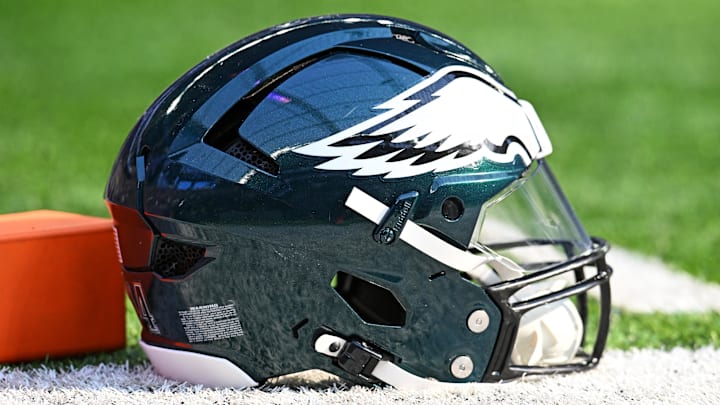 Oct 19, 2025; Minneapolis, Minnesota, USA; A general view of the Philadelphia Eagles helmet before the game against the Minnesota Vikings at U.S. Bank Stadium. Mandatory Credit: Jeffrey Becker-Imagn Images
