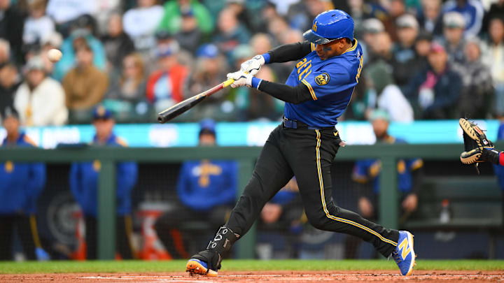 Seattle Mariners designated hitter Jorge Polanco hits a home run against the Texas Rangers on April 11 at T-Mobile Park.