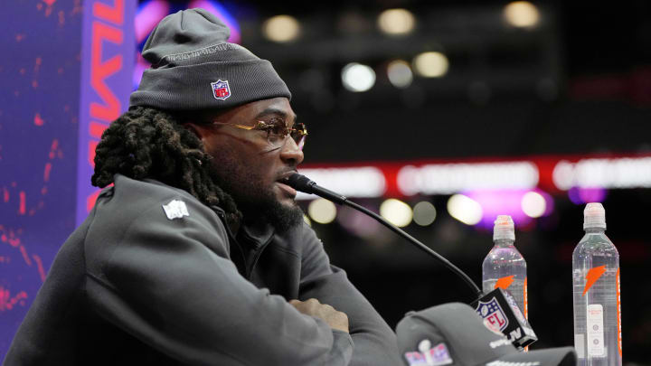Feb 5, 2024; Las Vegas, NV, USA; San Francisco 49ers wide receiver Brandon Aiyuk (11) talks to the media during Super Bowl LVIII Opening Night at Allegiant Stadium. Mandatory Credit: Lucas Peltier-USA TODAY Sports