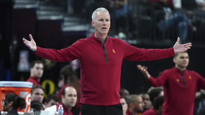 Mar 13, 2024; Las Vegas, NV, USA; Southern California Trojans coach Andy Enfield