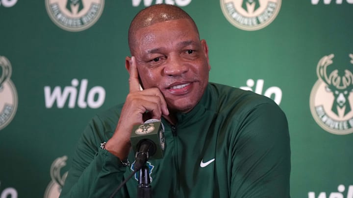 Jan 25, 2025; Inglewood, California, USA; Milwaukee Bucks coach Doc Rivers at a press conference before the game against the Los Angeles Clippers at the Intuit Dome. Mandatory Credit: Kirby Lee-Imagn Images