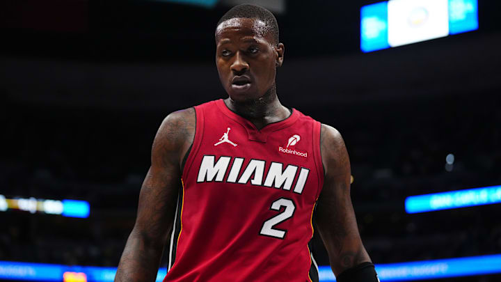 Nov 8, 2024; Denver, Colorado, USA; Miami Heat guard Terry Rozier (2) during the second quarter against the Denver Nuggets at Ball Arena. Mandatory Credit: Ron Chenoy-Imagn Images