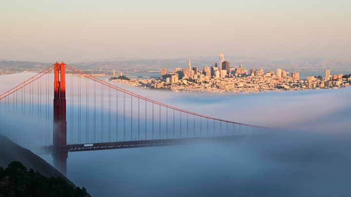 Fog covers San Francisco's Golden Gate Bridge...