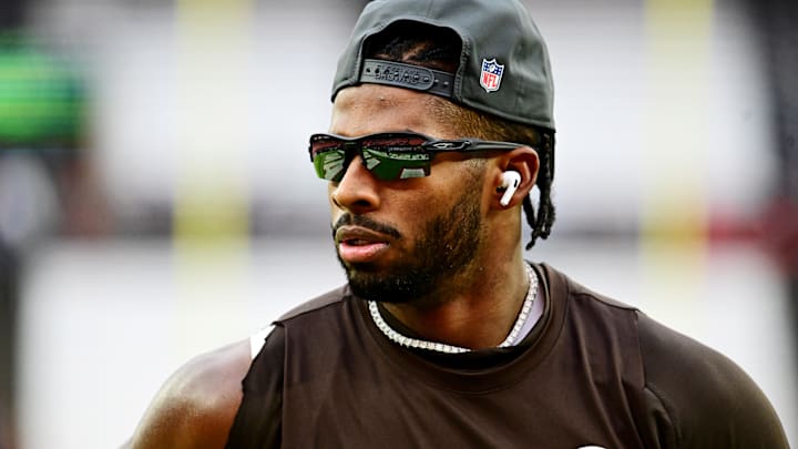 Nov 30, 2025; Cleveland, Ohio, USA;  Cleveland Browns quarterback Shedeur Sanders (12) warms up before the game against the San Francisco 49ers at Huntington Bank Field.