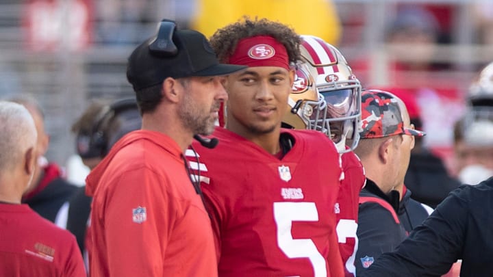 San Francisco 49ers head coach Kyle Shanahan (L) and quarterback Trey Lance (R)