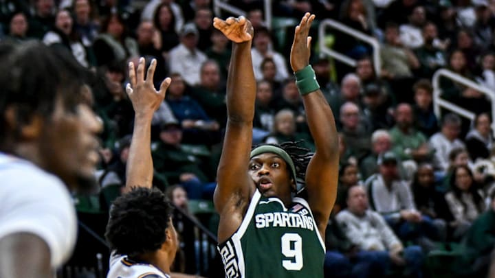 Michigan State's Trey Fort shoots against San Jose State during the first half on Thursday, Nov. 13, 2025, at the Breslin Center in East Lansing.