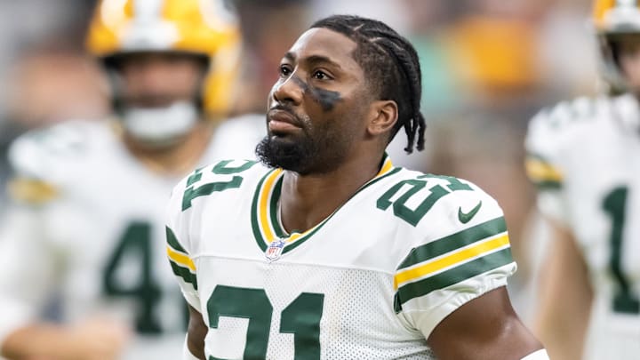 Oct 19, 2025; Glendale, Arizona, USA; Green Bay Packers cornerback Nate Hobbs (21) against the Arizona Cardinals at State Farm Stadium. Mandatory Credit: Mark J. Rebilas-Imagn Images Oct 19, 2025; Glendale, Arizona, USA; Green Bay Packers cornerback Nate Hobbs (21) against the Arizona Cardinals at State Farm Stadium. Mandatory Credit: Mark J. Rebilas-Imagn Images