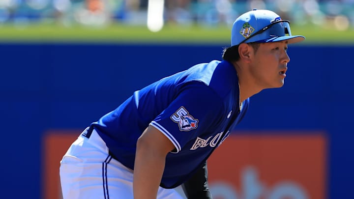 Feb 21, 2026; Dunedin, Florida, USA; Toronto Blue Jays infielder Kazuma Okamoto (7) looks on during the second inning against the Philadelphia Phillies at TD Ballpark. Mandatory Credit: Kim Klement Neitzel-Imagn Images