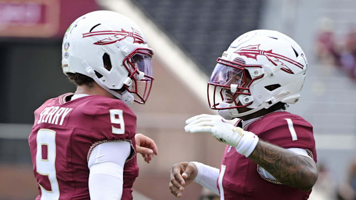 Sep 20, 2025; Tallahassee, Florida, USA; Florida State Seminoles quarterbacks Thomas Castellanos (0) and Kevin Sperry (9) before the game against the Kent State Golden Flashes at Doak S. Campbell Stadium. Mandatory Credit: Melina Myers-Imagn Images