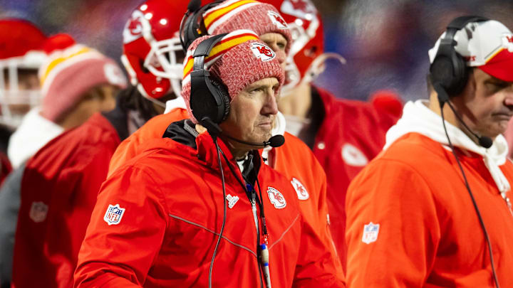 Jan 21, 2024; Orchard Park, New York, USA; Kansas City Chiefs defensive coordinator Steve Spagnuolo during the first half for the 2024 AFC divisional round game at Highmark Stadium. Mandatory Credit: Mark J. Rebilas-Imagn Images