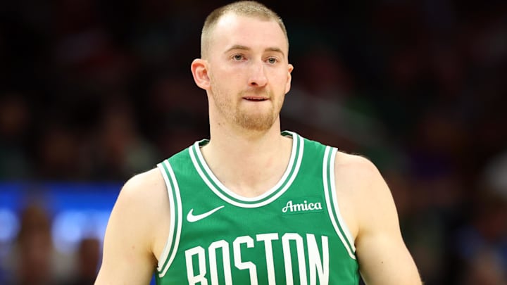 Feb 24, 2026; Phoenix, Arizona, USA; Boston Celtics forward Sam Hauser (30) against the Phoenix Suns at Mortgage Matchup Center.
