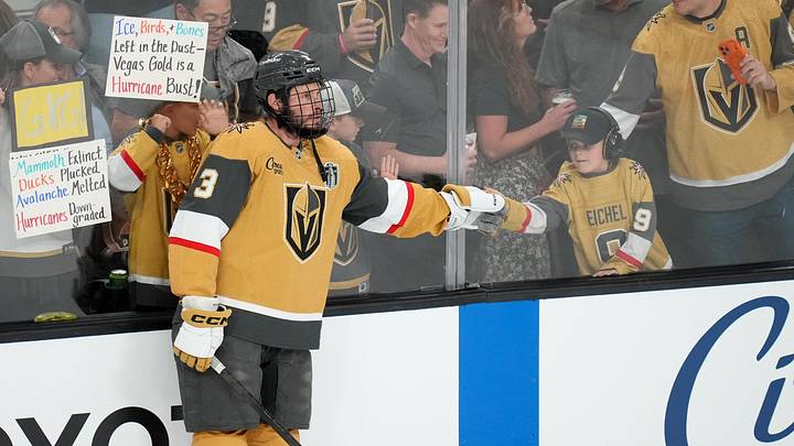 Jun 6, 2026; Las Vegas, Nevada, USA; Vegas Golden Knights defenseman Brayden McNabb (3) greets a fan during warmups prior to game three of the 2026 Stanley Cup Final against the Carolina Hurricanes at T-Mobile Arena. Mandatory Credit: Lucas Peltier-Imagn Images