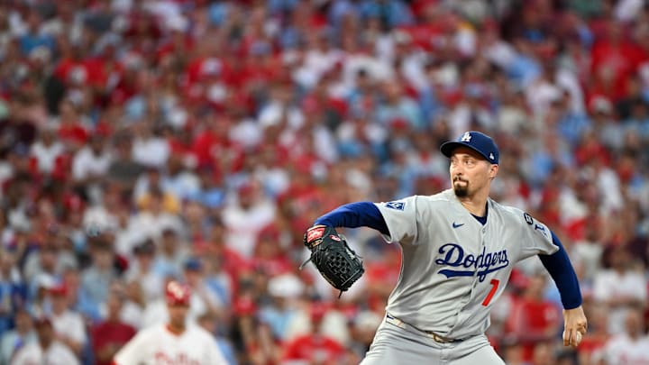 Oct 6, 2025; Philadelphia, Pennsylvania, USA; Los Angeles Dodgers pitcher Blake Snell (7) throws a pitch against the Philadelphia Phillies in the first inning during game two of the NLDS round for the 2025 MLB playoffs at Citizens Bank Park. Mandatory Credit: Eric Hartline-Imagn Images
