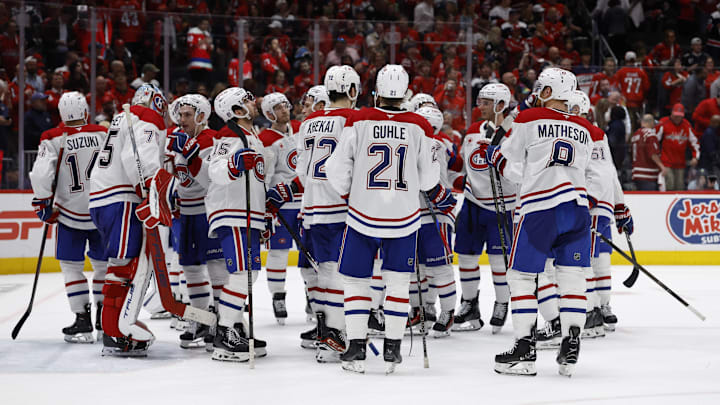Apr 30, 2025; Washington, District of Columbia, USA; Montreal Canadiens players wait to go through the handshake line after game five of the first round of the 2025 Stanley Cup Playoffs against the Washington Capitals at Capital One Arena. Mandatory Credit: Geoff Burke-Imagn Images