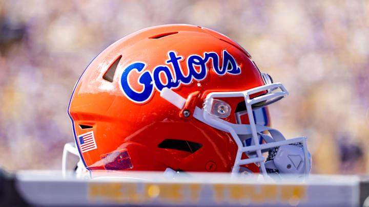 Oct 16, 2021; Baton Rouge, Louisiana, USA; Florida Gators helmet on a water jug during the game against LSU Tigers during the first half  at Tiger Stadium. Mandatory Credit: Stephen Lew-Imagn Images