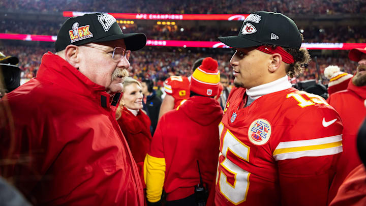 Jan 26, 2025; Kansas City, MO, USA; Kansas City Chiefs head coach Andy Reid (left) with quarterback Patrick Mahomes (15) after defeating the Buffalo Bills in the AFC Championship game at GEHA Field at Arrowhead Stadium. Mandatory Credit: Mark J. Rebilas-Imagn Images