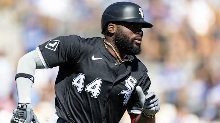 Mar 2, 2025; Phoenix, Arizona, USA; Chicago White Sox designated hitter Bryan Ramos (44) against the Los Angeles Dodgers during a spring training game at Camelback Ranch-Glendale. Mandatory Credit: Mark J. Rebilas-Imagn Images