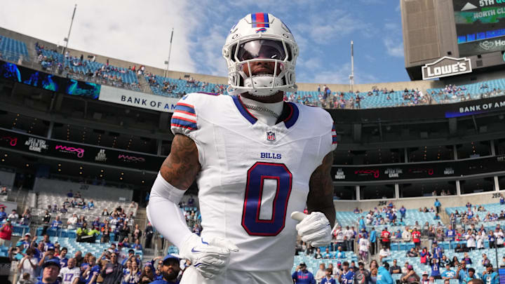 Oct 26, 2025; Charlotte, North Carolina, USA; Buffalo Bills wide reciever Keon Coleman (0) runs on to the field before the game at Bank of America Stadium. Oct 26, 2025; Charlotte, North Carolina, USA; Buffalo Bills wide reciever Keon Coleman (0) runs on to the field before the game at Bank of America Stadium.
