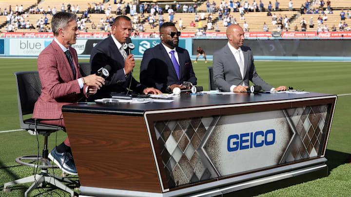Oct 11, 2024; Los Angeles, California, USA; Left to right: Fox Sports broadcasters Kevin Burkhardt and Alex Rodriguez and David Ortiz and Derek Jeter before game five between the Los Angeles Dodgers and the San Diego Padres of the NLDS for the 2024 MLB Playoffs at Dodger Stadium. Mandatory Credit: Kiyoshi Mio-Imagn Images